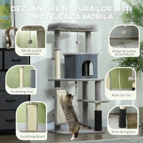 PawHut Ansamblu de Joacă pentru Pisici Multinivel Înalt 132 cm cu Căsuță, Culcuș, Stâlpi de Zgâriat, Perie și Minge, Gri | Aosom Romania