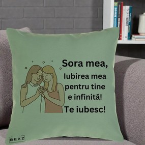 Cadou pentru Sora - Perna Personalizata Sora Mea Te Iubesc Imbratisare cu Sclipiri, 40x40 cm, Verde, Husa Detasabila, Perna Inclusa, BEKZ®