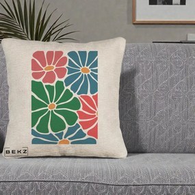 Perna Decorativa Flori Grafice Verde-Roz-Albastru, 40x40 cm, Bej Canapea, Husa Detasabila, Perna Inclusa, BEKZ®