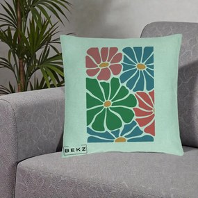 Perna Decorativa Flori Grafice Verde-Roz-Albastru, 40x40 cm, Verde Menta, Husa Detasabila, Perna Inclusa, BEKZ®