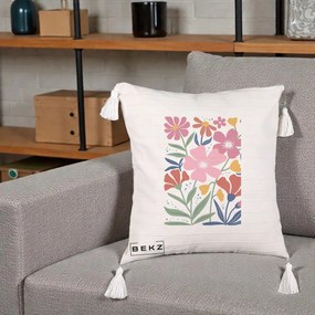 Perna Decorativa Flori Grafice Roz si Terracotta, 40x40 cm, Bej cu Franjuri, Husa Detasabila, Perna Inclusa, BEKZ®
