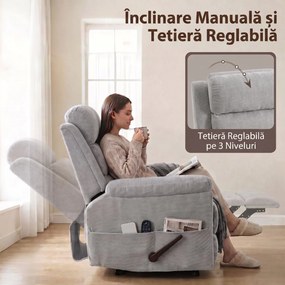 HOMCOM Fotoliu Reclinabil cu Masaj Manual  135°, Încălzire și 8 Puncte de Masaj, Chenille, 87x95x109 cm, Gri Deschis | Aosom Romania