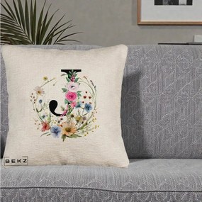 Cadou Personalizat - Perna Personalizata Monogram Litera J cu Flori Acuarela, 40x40 cm, Bej Canapea, Husa Detasabila, Perna Inclusa, BEKZ®