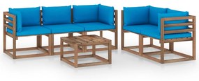 Set mobilier de gradina, 6 piese, cu perne albastru deschis Albastru deschis, 4x colt + mijloc + masa, 1