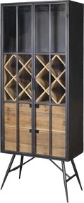 Vitrină bar din metal și lemn reciclat, rastel pentru sticle, suport pahare, finisaj negru antichizat, 170×65×36,5 cm, „Fonderie"