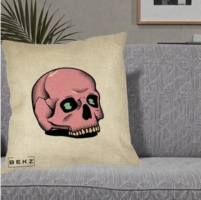 Perna Decorativa Craniu Roz Tatoo Art Halloween, 40x40 cm, Crem, Husa Detasabila, Perna Inclusa, BEKZ®
