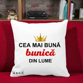 Cadou pentru Bunica - Perna Personalizata Cea Mai Buna Bunica Din Lume Coroana Aurie, 40x40 cm, Alba Mata, Husa Detasabila, Perna Inclusa, BEKZ®