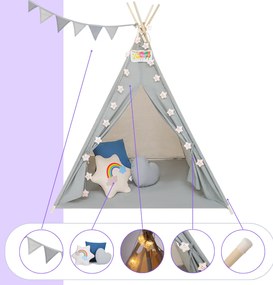 Jurhan Cort tip teepee pentru copii JULIUS, 120x120x160cm, gri/albastru
