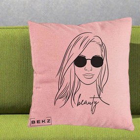 Perna Decorativa Beauty Girl Line Art, 40x40 cm, Roz, Husa Detasabila, Perna Inclusa, BEKZ®