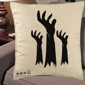 Perna Decorativa Halloween Maini Zombie Alb-Negru, 40x40 cm, Bej, Husa Detasabila, Perna Inclusa, BEKZ®