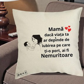 Cadou pentru Mama - Perna Personalizata Mama Nemuritoare Imbratisare Copil, 40x40 cm, Ecru, Husa Detasabila, Perna Inclusa, BEKZ®
