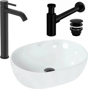 Pachet lavoar pe blat Rea Amelia alb 48 cm, baterie lavoar Ideal Standard Ceraline negru si ventil lavoar Click-Clack negru