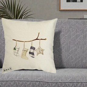 Perna Decorativa Ciorapi de Craciun pe Ramura, 40x40 cm, Ecru, Husa Detasabila, Perna Inclusa, BEKZ®