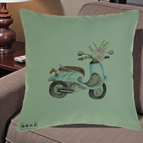 Perna Decorativa Scuter Albastru cu Flori Acuarela, 40x40 cm, Verde, Husa Detasabila, Perna Inclusa, BEKZ®