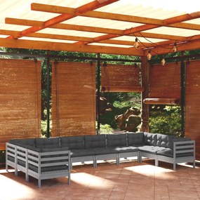 3097333 vidaXL Set mobilier de grădină cu perne, 10 piese, gri, lemn masiv pin