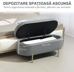 HOMCOM Bancă de Depozitare pentru Intrare Ovală 72L cu Design Scanalat, Capac Ridicabil și Șezut Capitonat, Bancă de la Capătul Patului Pouf în Catifea și Picioare de Lemn de Pin, 108x44x43.5 cm, Gri | Aosom Romania