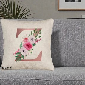Cadou Personalizat - Perna Personalizata Monograma Rose Gold Litera Z, 40x40 cm, Bej Canapea, Husa Detasabila, Perna Inclusa, BEKZ®