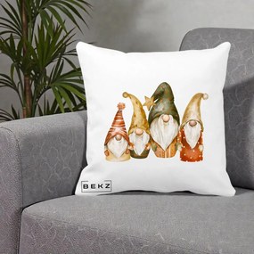 Perna Decorativa Gnomi de Craciun Patru, 40x40 cm, Alba Mata, Husa Detasabila, Perna Inclusa, BEKZ®