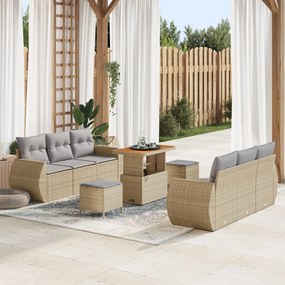 vidaXL Set de canapele de grădină cu 9 piese și perne bej, din poli-rattan și acacia.