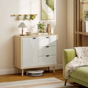 HOMCOM Credență de bucătărie cu 3 sertare și dulap Alb lucios și stejar | Aosom Romania