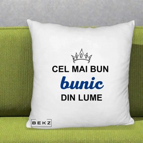 Cadou pentru Bunic - Perna Personalizata Cel Mai Bun Bunic Din Lume Coroana Albastra, 40x40 cm, Alb Pufos, Husa Detasabila, Perna Inclusa, BEKZ®