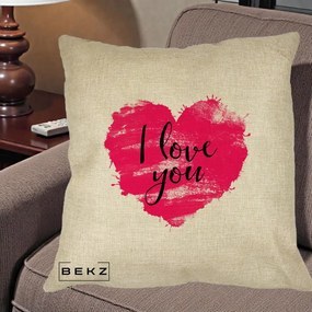 Cadou Romantic - Perna Personalizata I Love You Inima Roz, 40x40 cm, Crem, Husa Detasabila, Perna Inclusa, BEKZ®