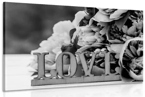 Tablou bujori cu inscripție Love în design alb-negru