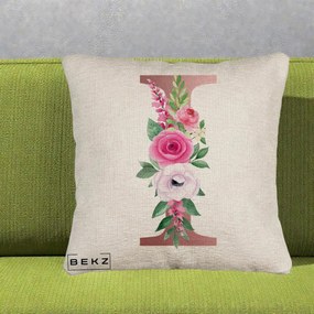 Cadou Personalizat - Perna Personalizata Monograma Rose Gold Litera I, 40x40 cm, Bej Canapea, Husa Detasabila, Perna Inclusa, BEKZ®