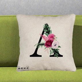 Cadou Personalizat - Perna Personalizata Monograma Florala Litera A, 40x40 cm, Bej Canapea, Husa Detasabila, Perna Inclusa, BEKZ®
