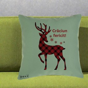 Perna Decorativa Ren Tartan Craciun Fericit, 40x40 cm, Verde, Husa Detasabila, Perna Inclusa, BEKZ®