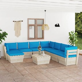Set mobilier gradina din paleti cu perne, 9 piese, lemn molid Albastru deschis, 3x colt + 4x mijloc + masa + suport pentru picioare, 1