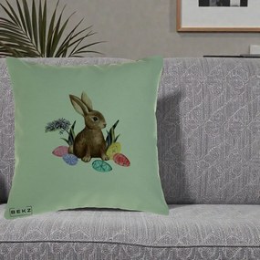 Perna Decorativa Iepuras cu Oua de Pasti Acuarela, 40x40 cm, Verde, Husa Detasabila, Perna Inclusa, BEKZ®