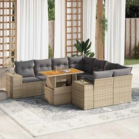 vidaXL Set canapele de grădină, 9 piese, cu perne, bej, poliratan