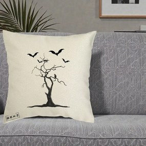 Perna Decorativa Halloween Copac cu Lilieci Alb-Negru, 40x40 cm, Ecru, Husa Detasabila, Perna Inclusa, BEKZ®