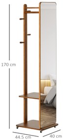 HOMCOM Oglinda de Podea cu Rafturi si Cuier Suspendat din MDF/Sticla Oglinda si Dulap Stabil , 40x44.5x170 cm, Nuc