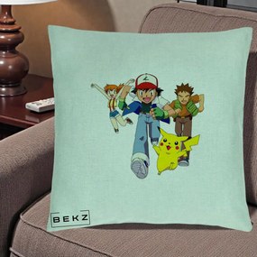 Perna Personalizata Pokemon Ash Misty Brock si Pikachu, 40x40 cm, Verde Menta, Husa Detasabila, Perna Inclusa, BEKZ®