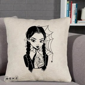 Perna Personalizata Wednesday cu Panza de Paianjen, 40x40 cm, Bej Canapea, Husa Detasabila, Perna Inclusa, BEKZ®