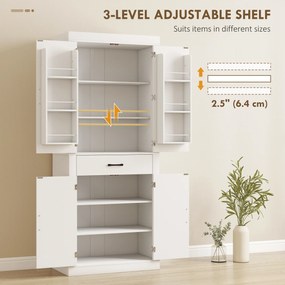 HOMCOM Dulap de bucătărie în stil country cu 2 dulapuri, 6 rafturi și un sertar, din lemn, 76x39,5x183,5 cm, alb | Aosom Romania