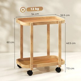 HOMCOM Cărucior de bucătărie din bambus 2 niveluri Cărucior auxiliar pentru bucătărie cu roți 2 rafturi 54x36,5x60 cm Natural | Aosom Romania