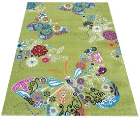 Covor modern verde pentru camera copiilor cu fluturi Lăţime: 120 cm | Lungime: 170 cm