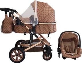 Carucior nou nascuti 3 in 1 Baby Care™ PRO 530 , Cu geanta bebe, Cadru Aluminiu Gold, Amortizoare, Roti din cauciuc plin AVE, Landou, Scoica auto,