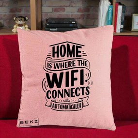 Perna Decorativa Home Is Where WiFi Connects, 40x40 cm, Roz, Husa Detasabila, Perna Inclusa, BEKZ®