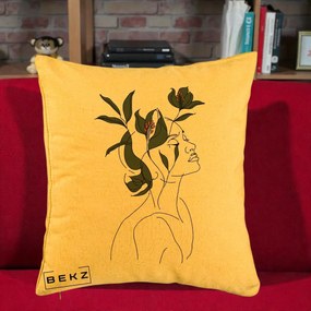 Perna Decorativa Portret Feminin Crin Verde, 40x40 cm, Galben, Husa Detasabila, Perna Inclusa, BEKZ®