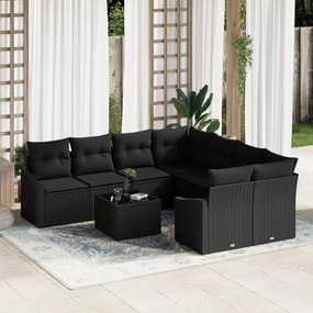 vidaXL Set de canapea pentru grădină , 9 piese, cu perne, ratan negru