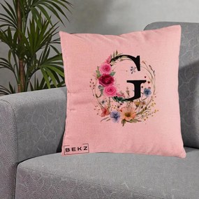 Cadou Personalizat - Perna Personalizata Monogram Litera G cu Flori Acuarela, 40x40 cm, Roz, Husa Detasabila, Perna Inclusa, BEKZ®