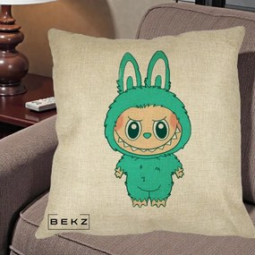 Perna Personalizata Labubu Turcoaz, 40x40 cm, Crem, Husa Detasabila, Perna Inclusa, BEKZ®