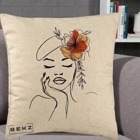 Perna Decorativa Portret Feminin Flori Palarie, 40x40 cm, Bej, Husa Detasabila, Perna Inclusa, BEKZ®