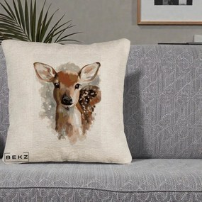 Perna Decorativa Caprioara Pui Acuarela, 40x40 cm, Bej Canapea, Husa Detasabila, Perna Inclusa, BEKZ®