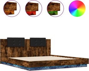 vidaXL Cadru de pat cu tăblie și lumini LED, stejar fumuriu, 200x200cm