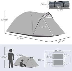 Outsunny Cort Camping Impermeabil 4 Locuri Impermeabil cu Vestibul, Ferestre si Usi cu fermoar, 325x183x130cm Gri | Aosom Romania